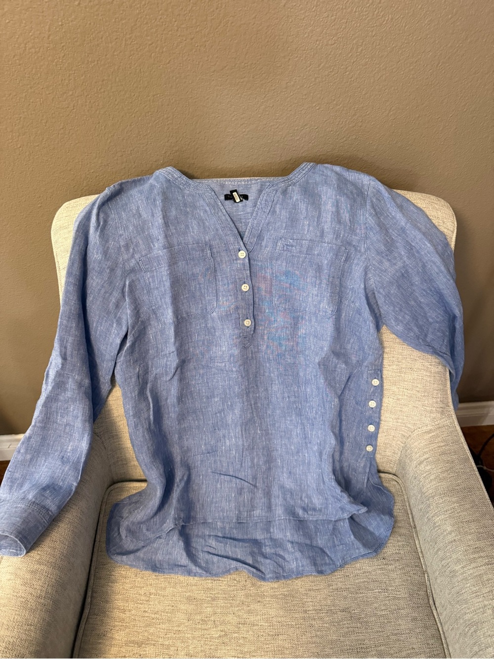 Talbots Light Blue Linen Henley Tunic with Side Button Detail